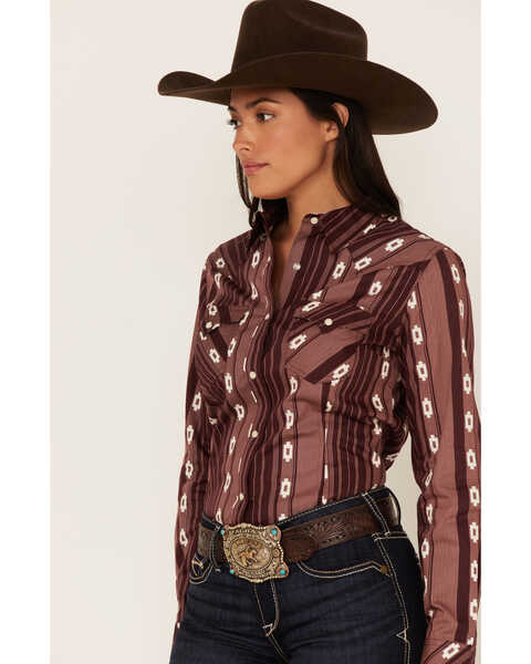 Wrangler Women's Serape Stripe Print Long Sleeve Western Pearl Snap Shirt, Wine, hi-res