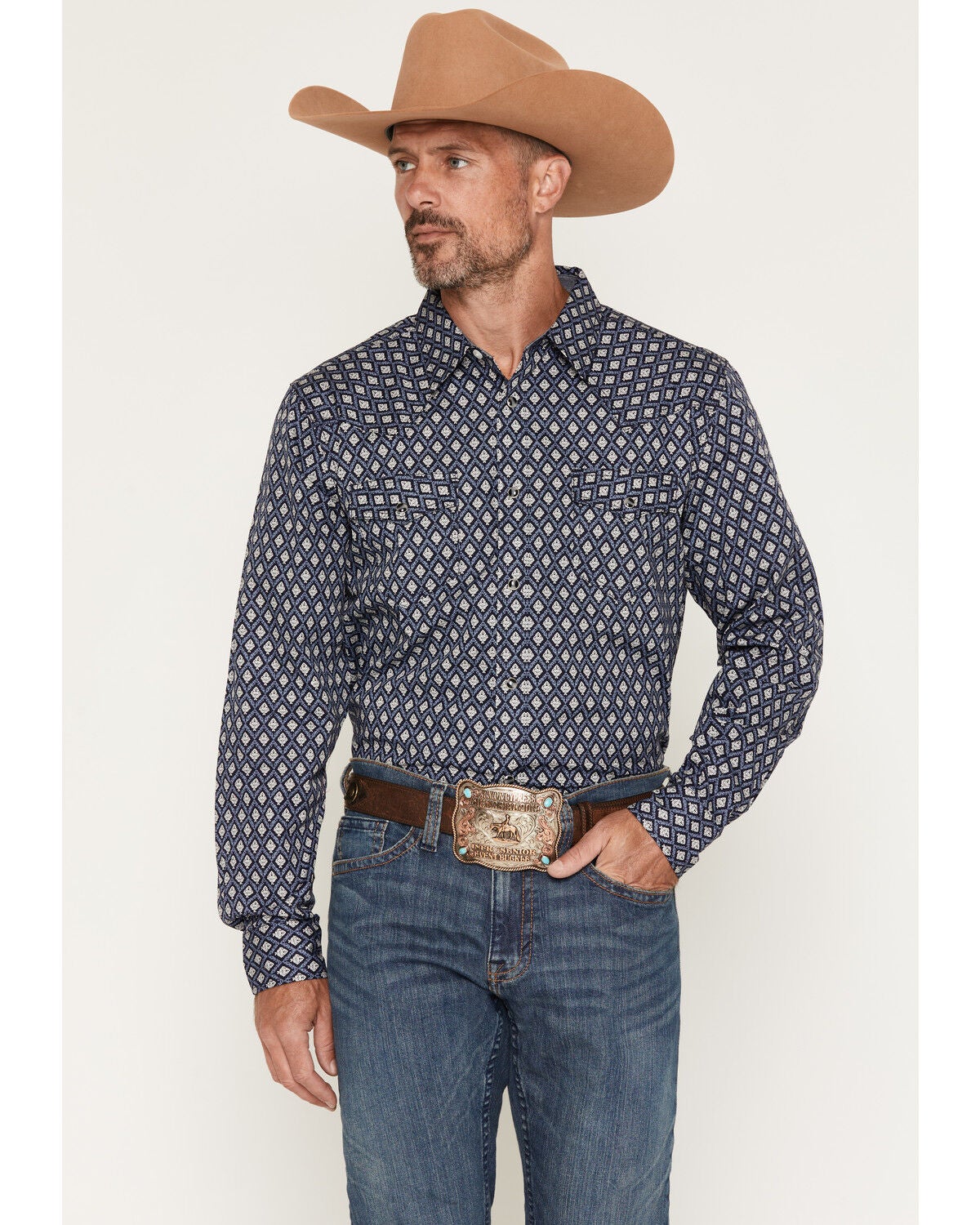 Image #1 - Cody James Men's Diamond Soul Medallion Print Long Sleeve Snap Western Shirt, Navy, hi-res