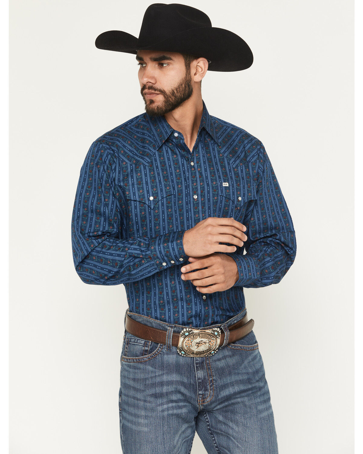 Image #1 - Ely Walker Men's Wallpaper Floral Stripe Print Long Sleeve Snap Western Shirt, Navy, hi-res