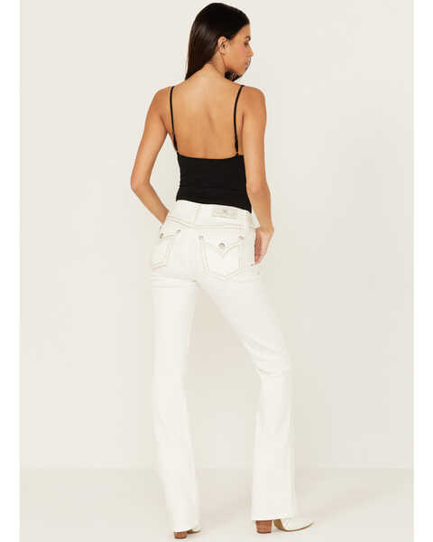 Image #1 - Miss Me Women's Mid Rise Whipstitch Border Pocket Bootcut Stretch Denim Jeans, White, hi-res