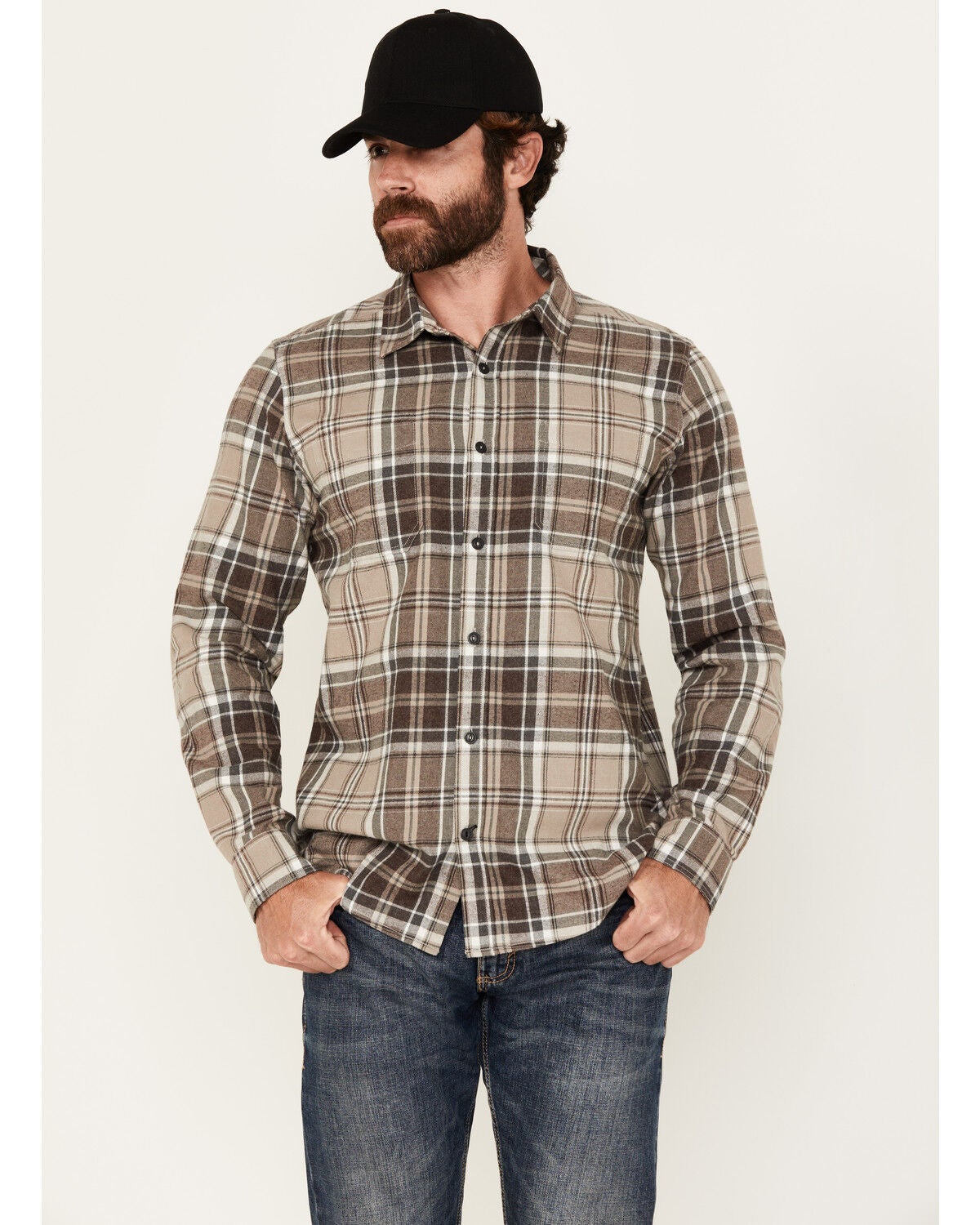 Brothers and Sons Men's Marrow Plaid Print Long Sleeve Button-Down Western Shirt, Light Grey, hi-res
