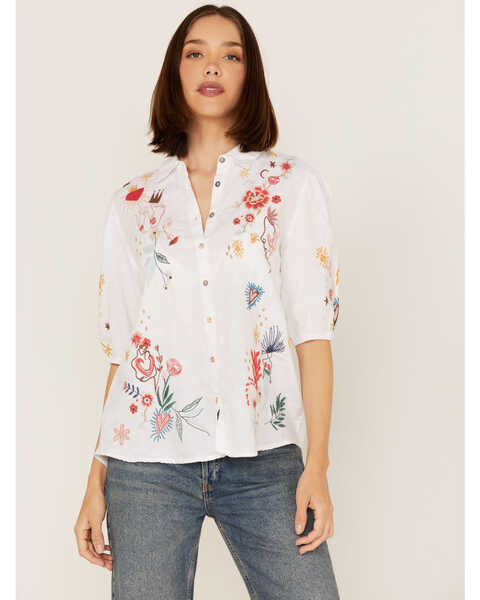 Johnny Was Women's Embroidered Lisbon Short Sleeve Button Down Blouse, White, hi-res