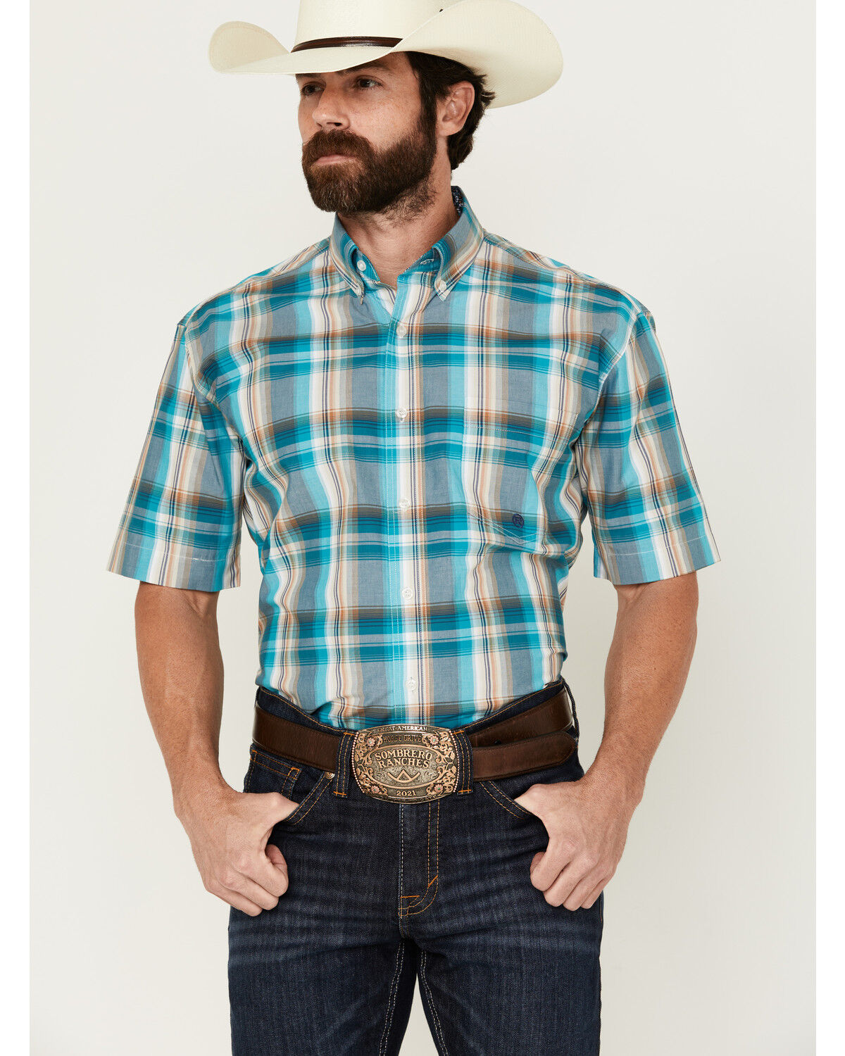 Image #1 - Roper Men's Amarillo Large Plaid Print Short Sleeve Button-Down Western Shirt, Turquoise, hi-res
