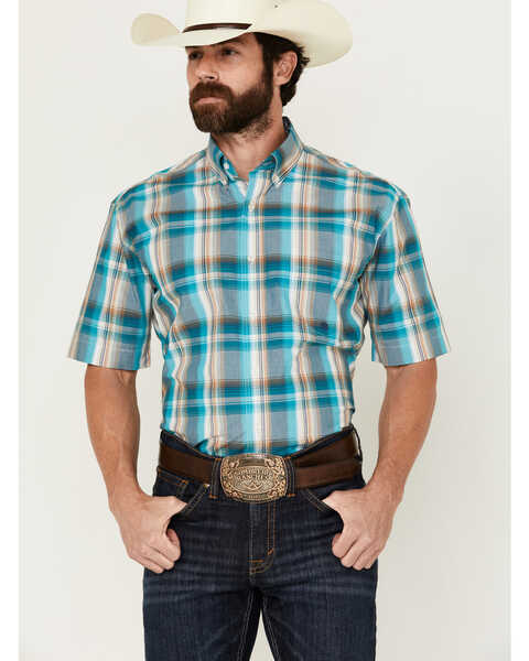 Roper Men's Amarillo Large Plaid Print Short Sleeve Button-Down Western Shirt, Turquoise, hi-res