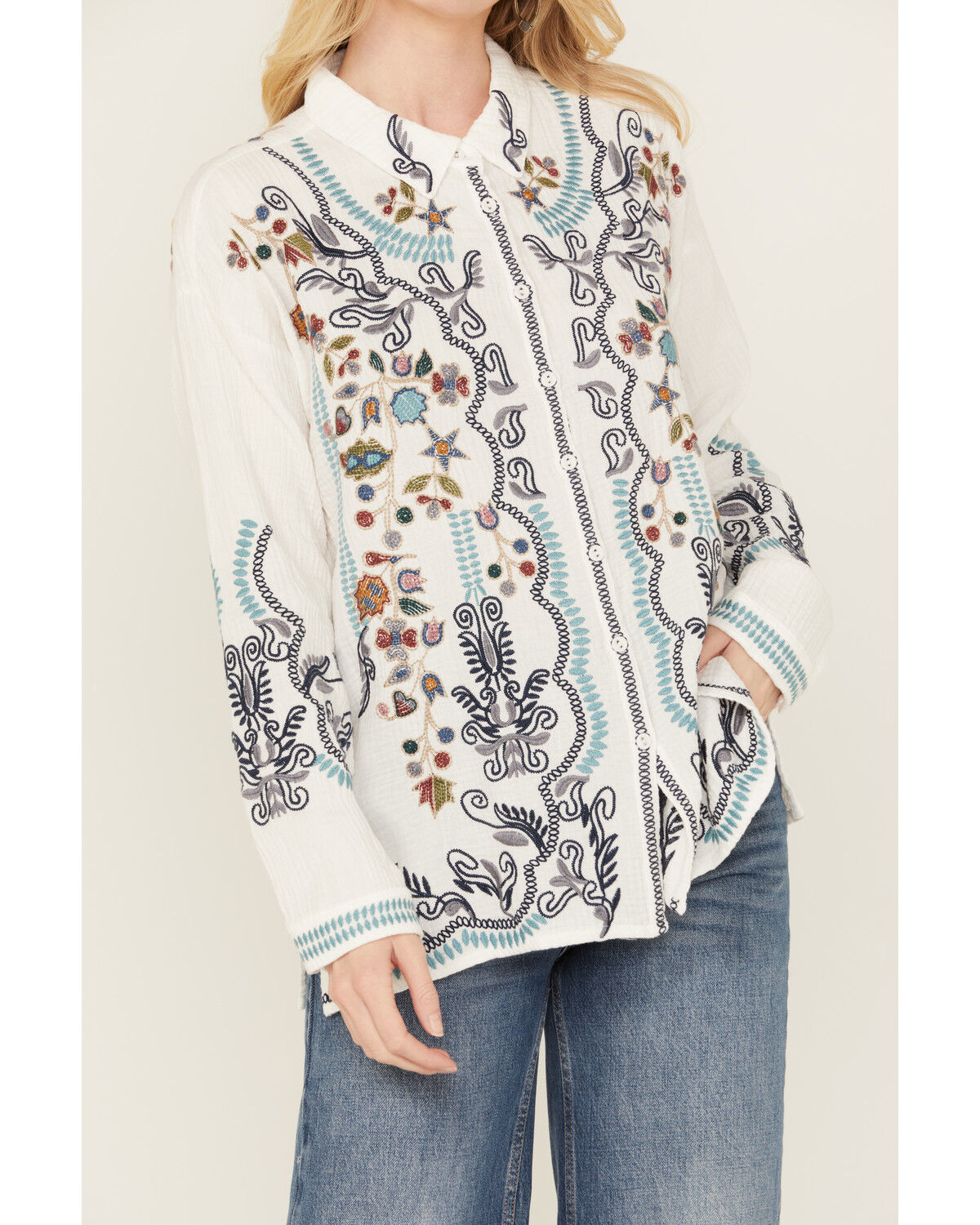 Image #3 - Johnny Was Women's Embroidered Long Sleeve Button-Down Shirt, White, hi-res