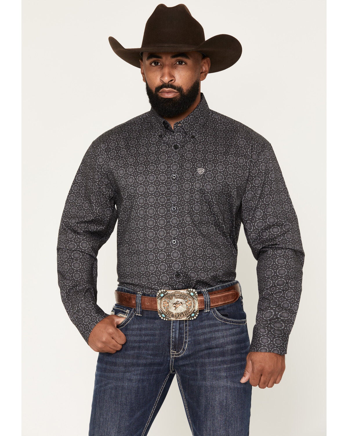 Rock & Roll Denim Men's Medallion Print Long Sleeve Button-Down Stretch Western Shirt, Black, hi-res