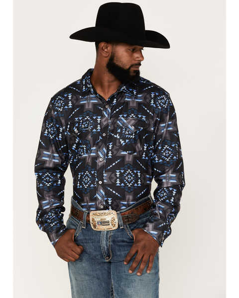 Image #1 - Rock & Roll Denim Men's Southwestern Knit Long Sleeve Button Down Shirt, Indigo, hi-res
