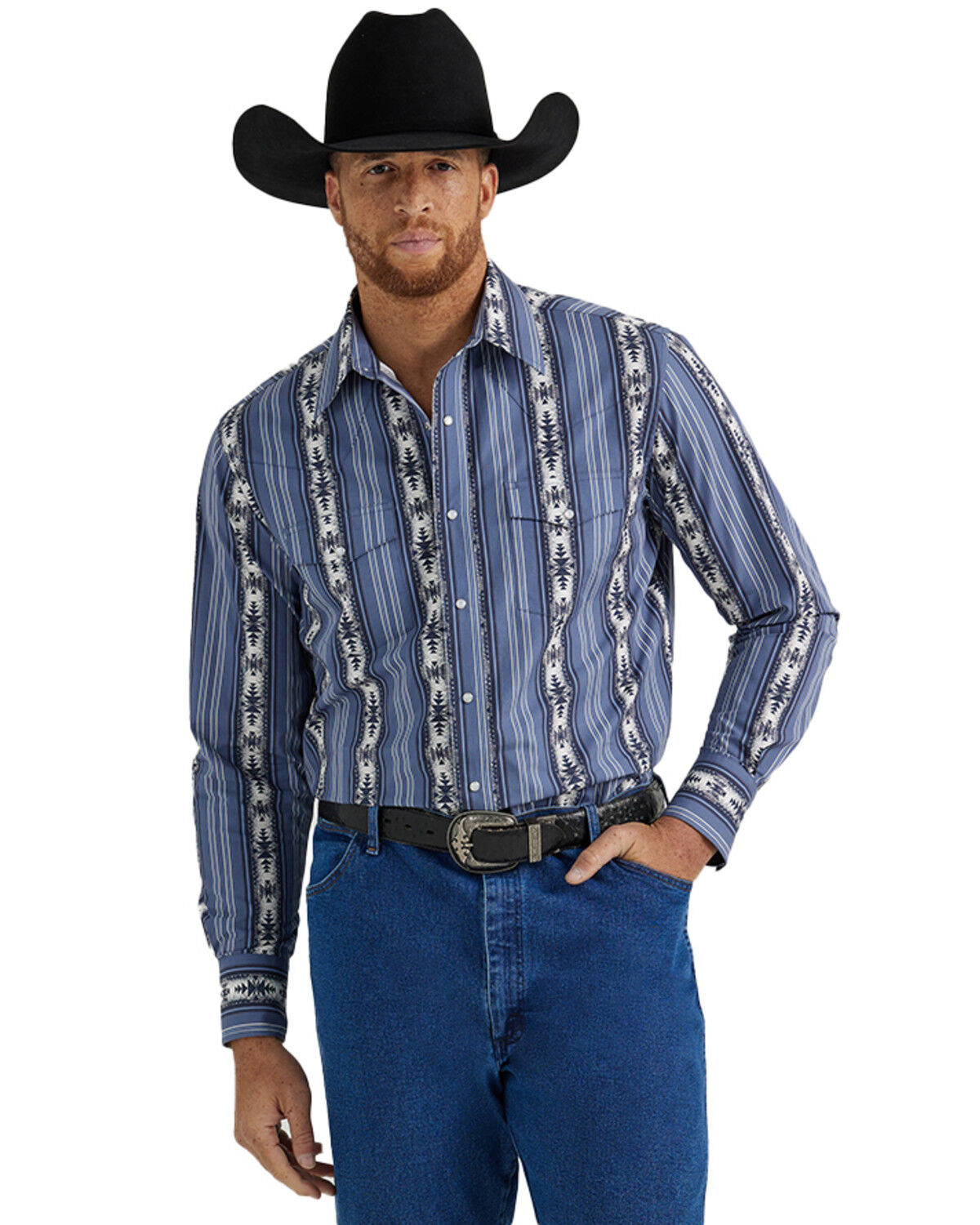 Image #1 - Wrangler Men's Checotah Southwestern Striped Print Long Sleeve Pearl Snap Western Shirt - Tall, Blue, hi-res