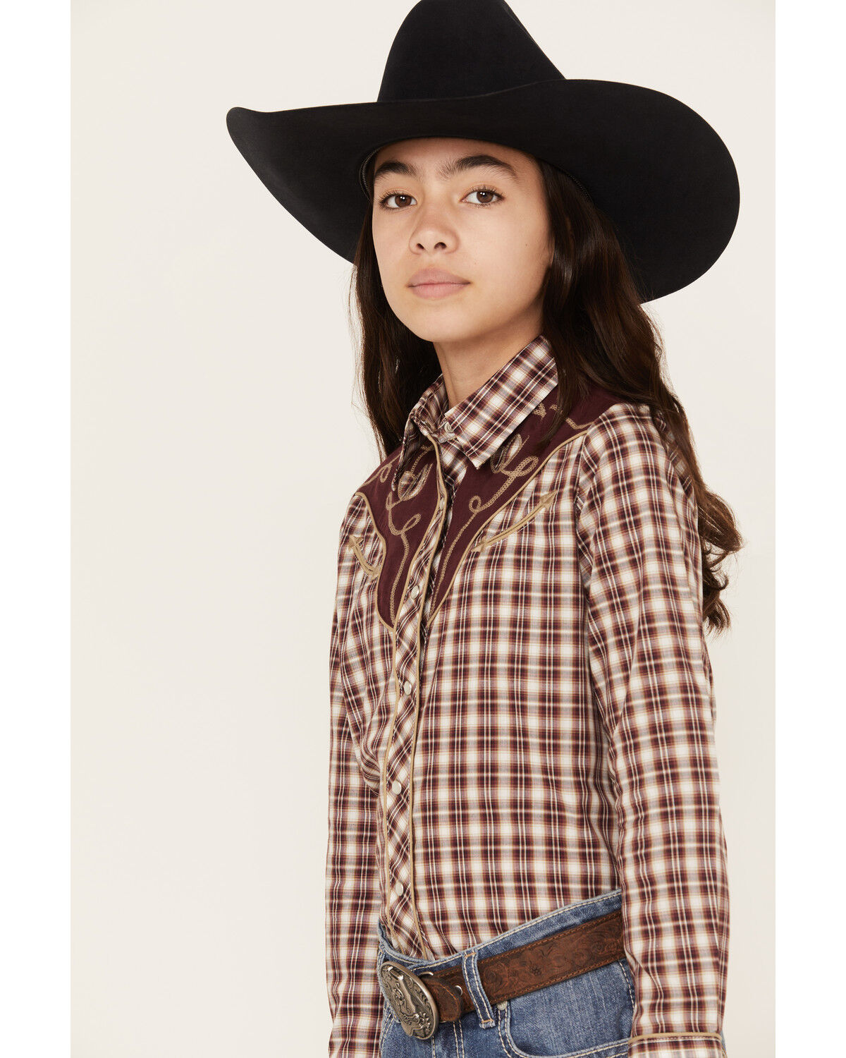 Image #2 - Roper Girls' Plaid Print Long Sleeve Pearl Snap Western Shirt, White, hi-res