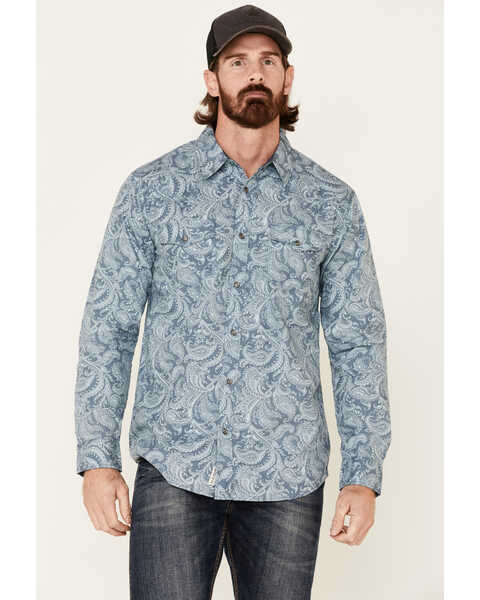 Moonshine Spirit Men's Bayou Born Large Paisley Print Long Sleeve Western Shirt , Light Blue, hi-res