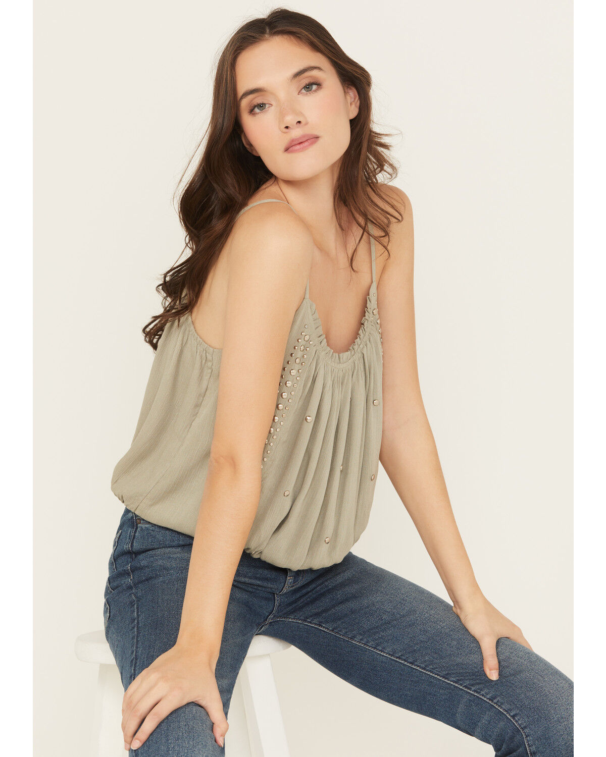 Image #1 - Rock & Roll Denim Women's Studded Elastic Hem Cami, Sage, hi-res