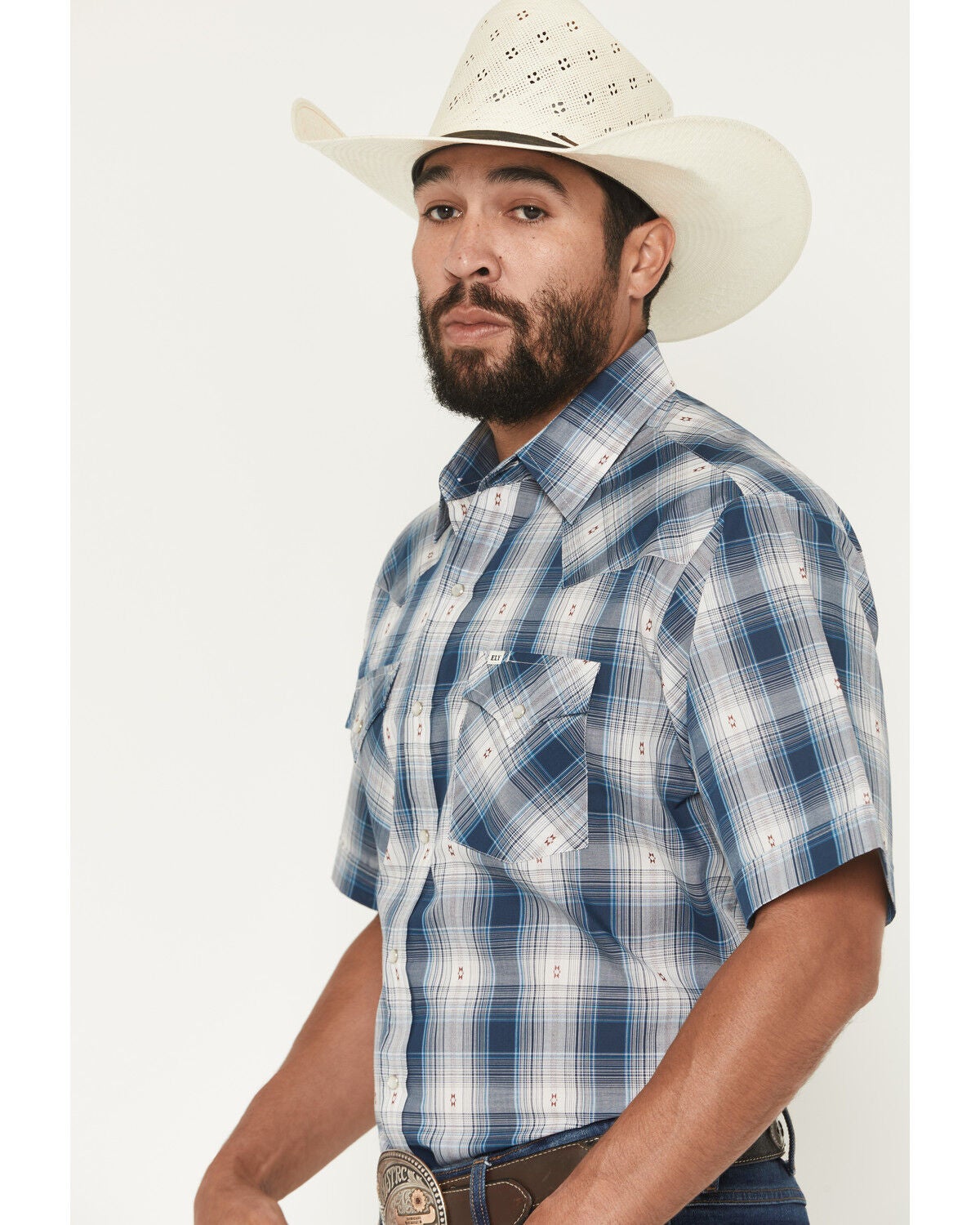 Image #2 - Ely Walker Men's Plaid Print Short Sleeve Pearl Snap Western Shirt, Navy, hi-res