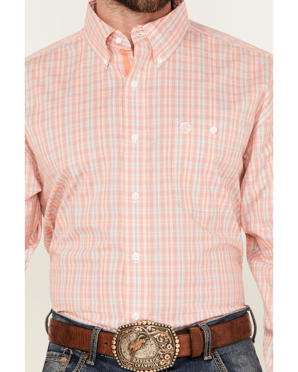Image #3 - George Strait by Wrangler Men's Plaid Print Long Sleeve Button-Down Stretch Western Shirt, Coral, hi-res