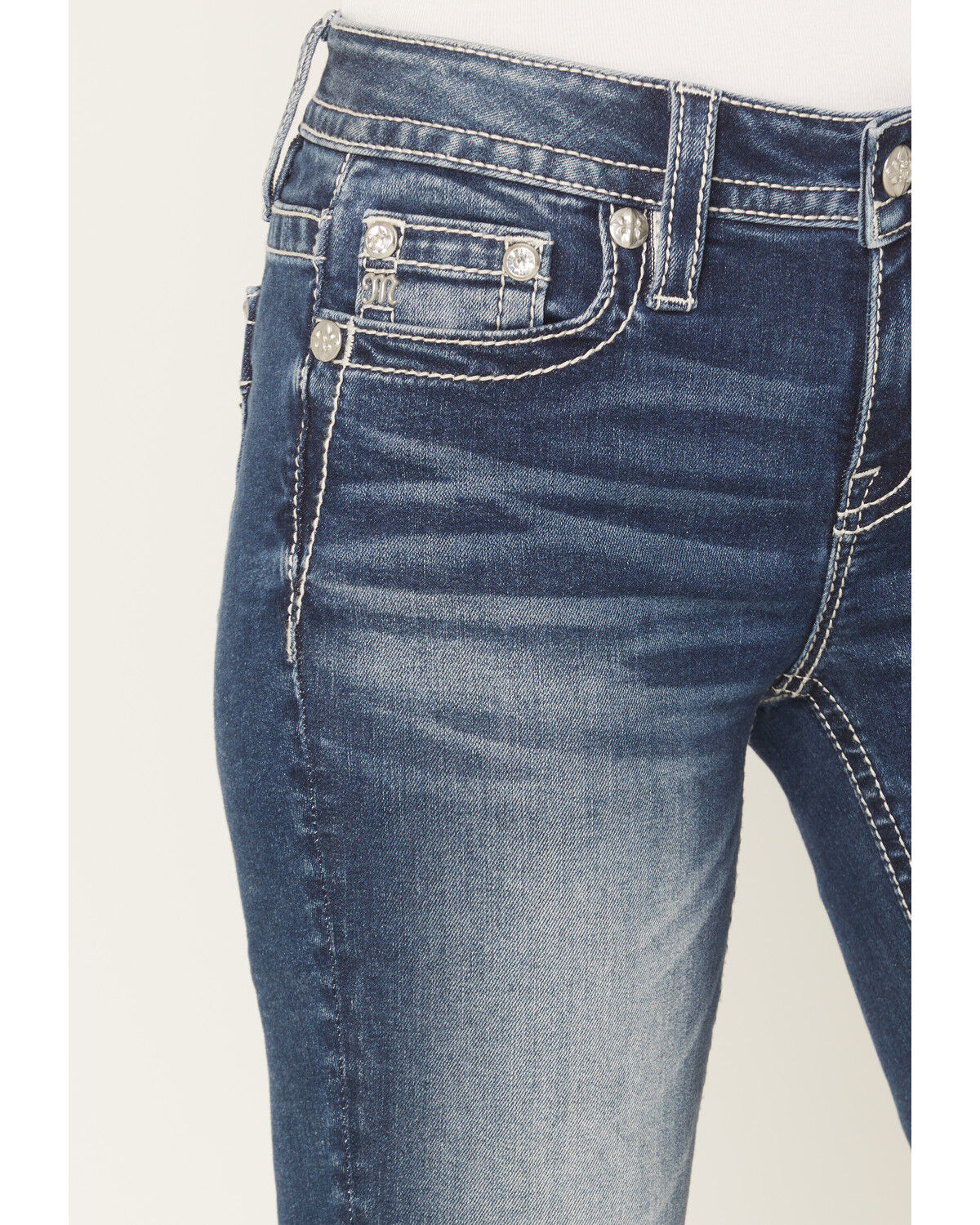 Image #4 - Miss Me Women's Dark Wash Mid Rise Embroidered Pocket 34" Bootcut Stretch Denim Jeans, Dark Wash, hi-res