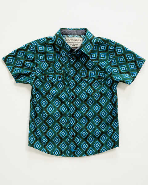 Cody James Toddler Boys' Diamond Print Short Sleeve Snap Western Shirt, Dark Green, hi-res