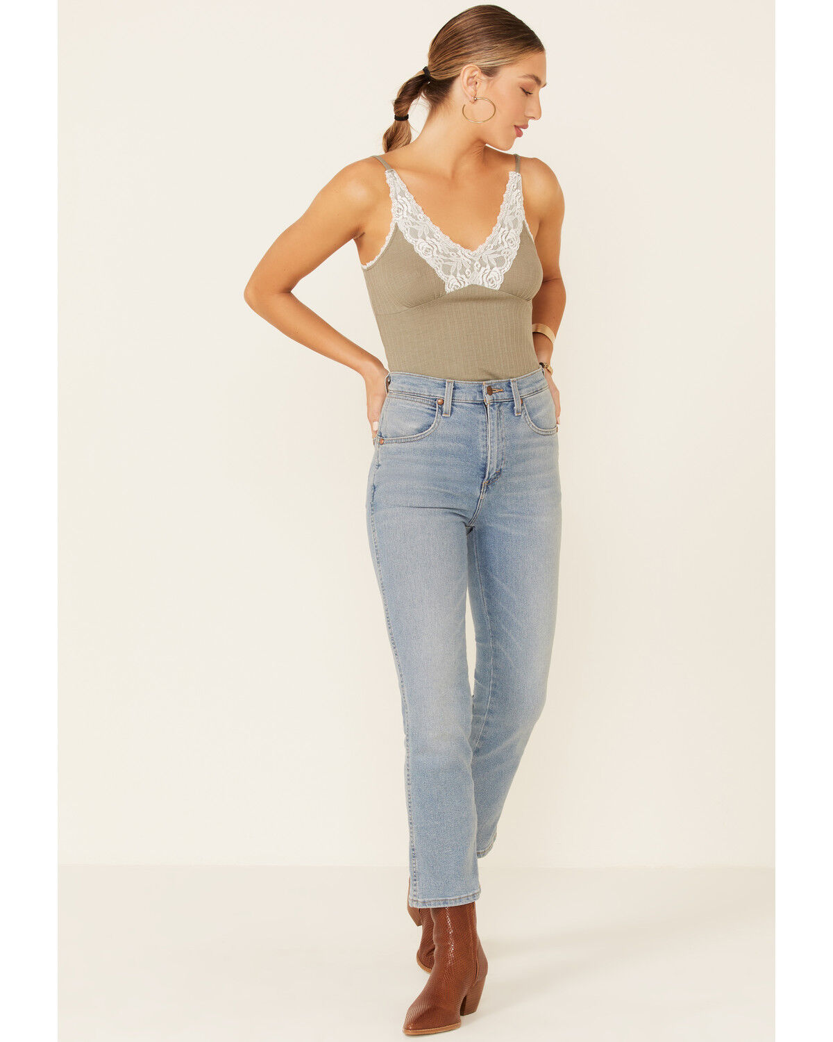 Image #2 - Wild Moss Women's Sage Rib Lace Trim Pointelle Cami, Sage, hi-res
