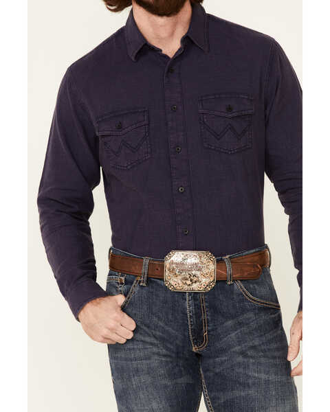 Wrangler Retro Premium Men's Solid Long Sleeve Button-Down Western Shirt , Blue, hi-res