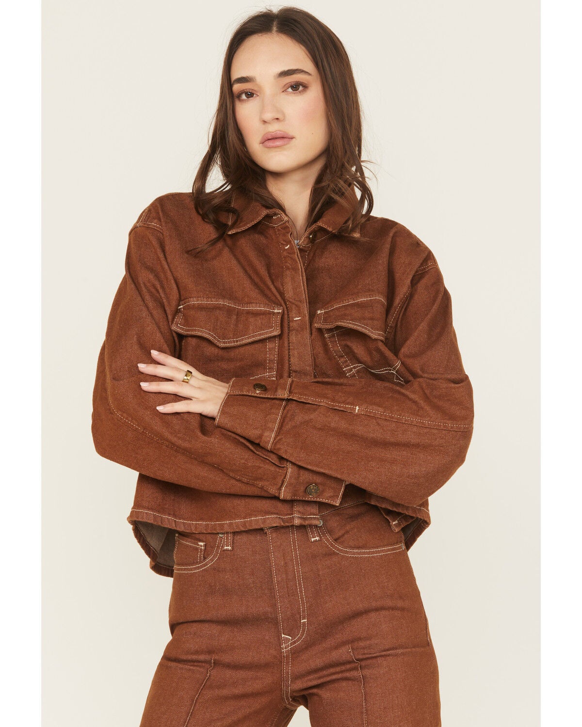 Ariat Women's Long Sleeve Boxy Cropped Denim Shirt, Brown, hi-res
