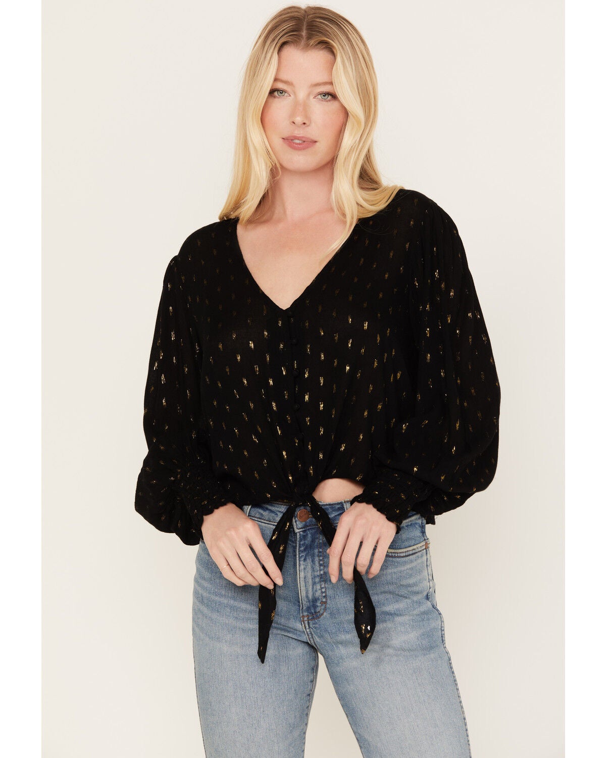 Wrangler Retro Women's Tie Front Poet Sleeve Cropped Blouse, Black, hi-res