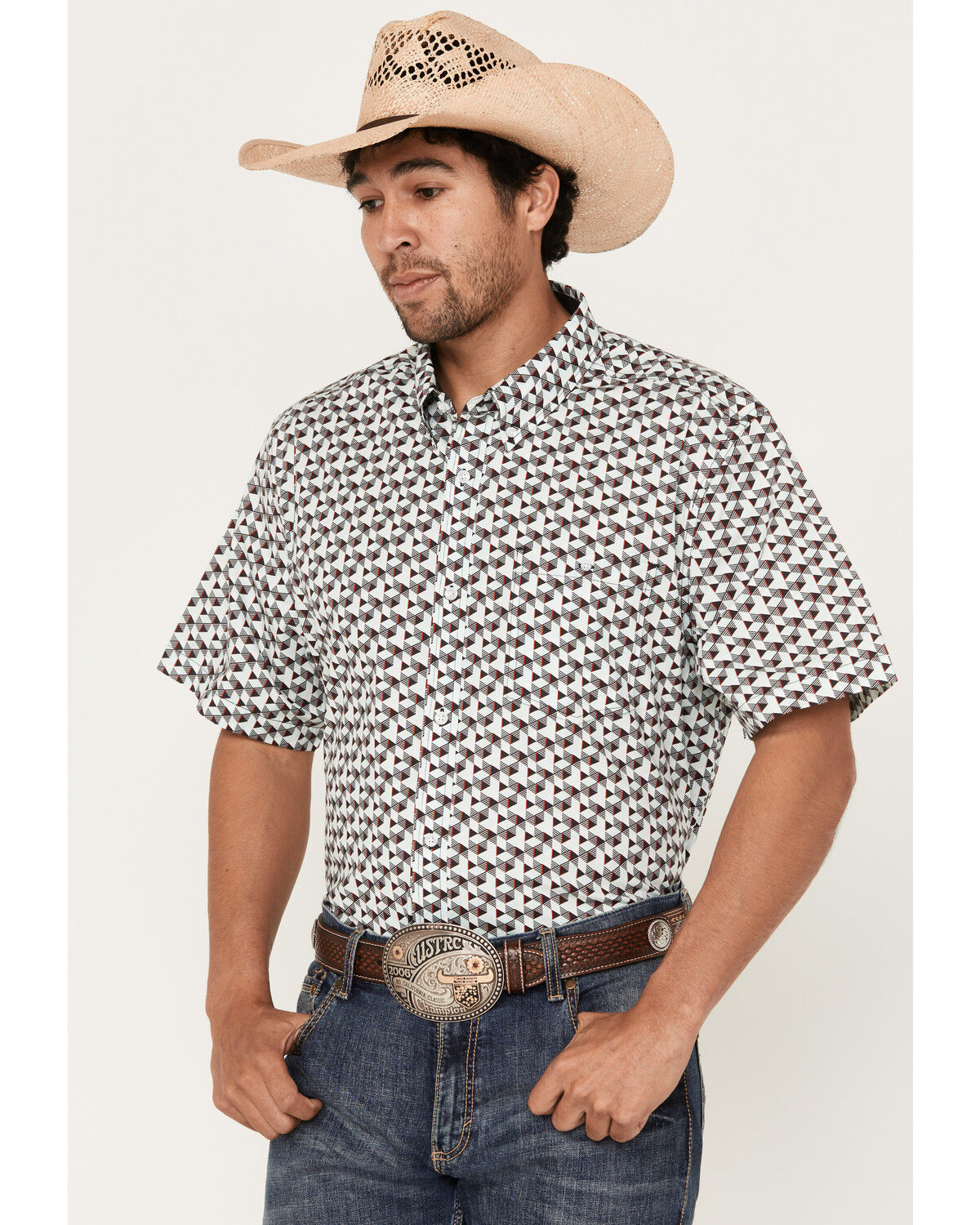 Image #1 - RANK 45® Men's Angus Geo Print Short Sleeve Button-Down Stretch Western Shirt, Aqua, hi-res