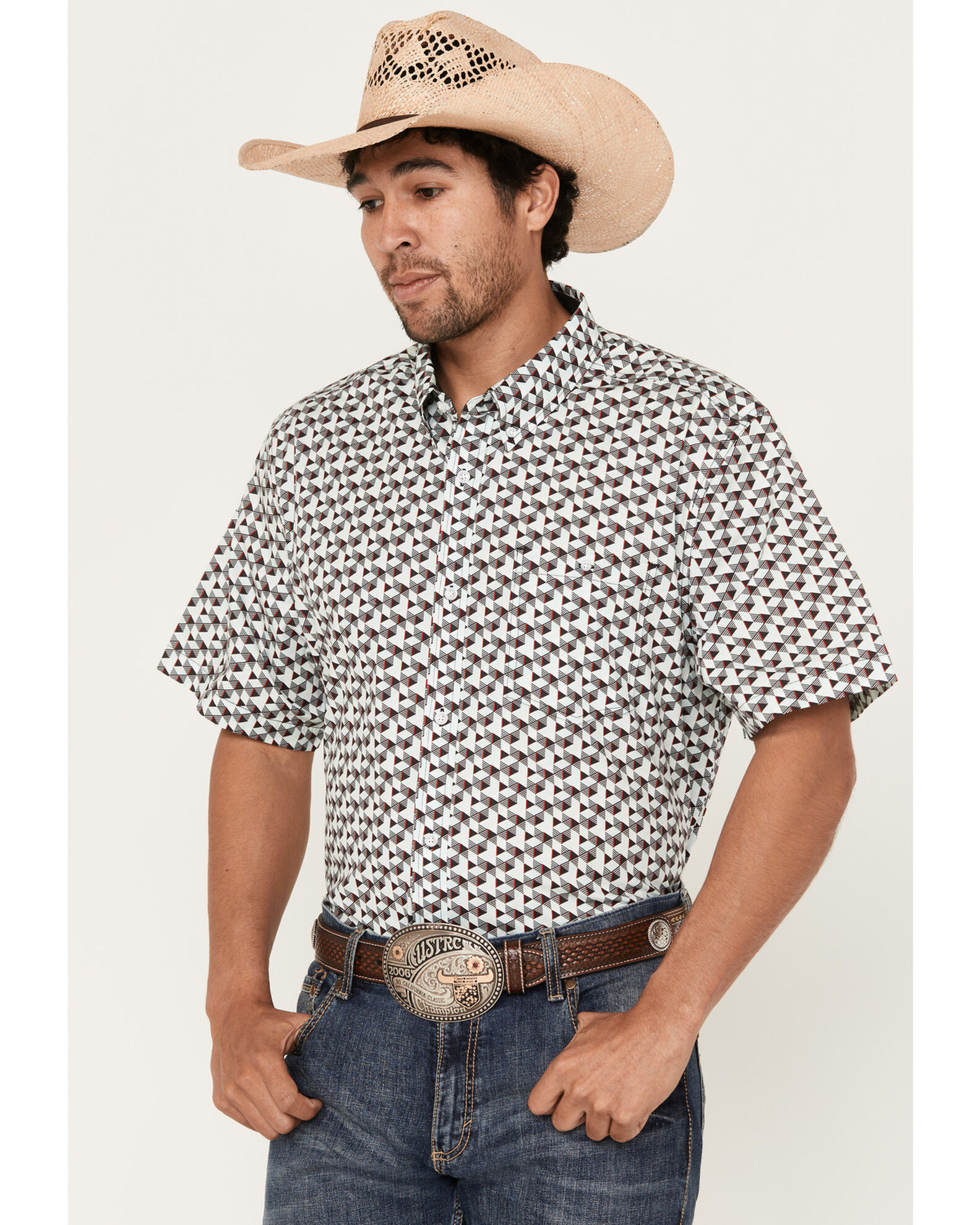 Image #1 - RANK 45® Men's Angus Geo Print Short Sleeve Button-Down Stretch Western Shirt, Aqua, hi-res