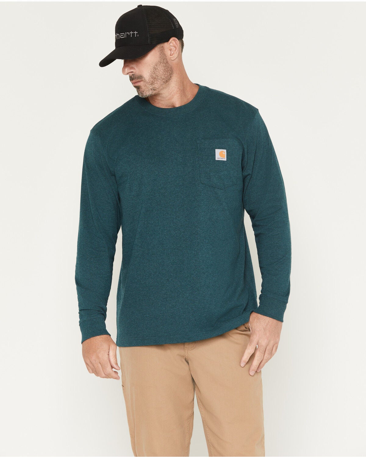 Image #1 - Carhartt Men's Loose Fit Heavyweight Long Sleeve Logo Pocket Work T-Shirt, Green, hi-res