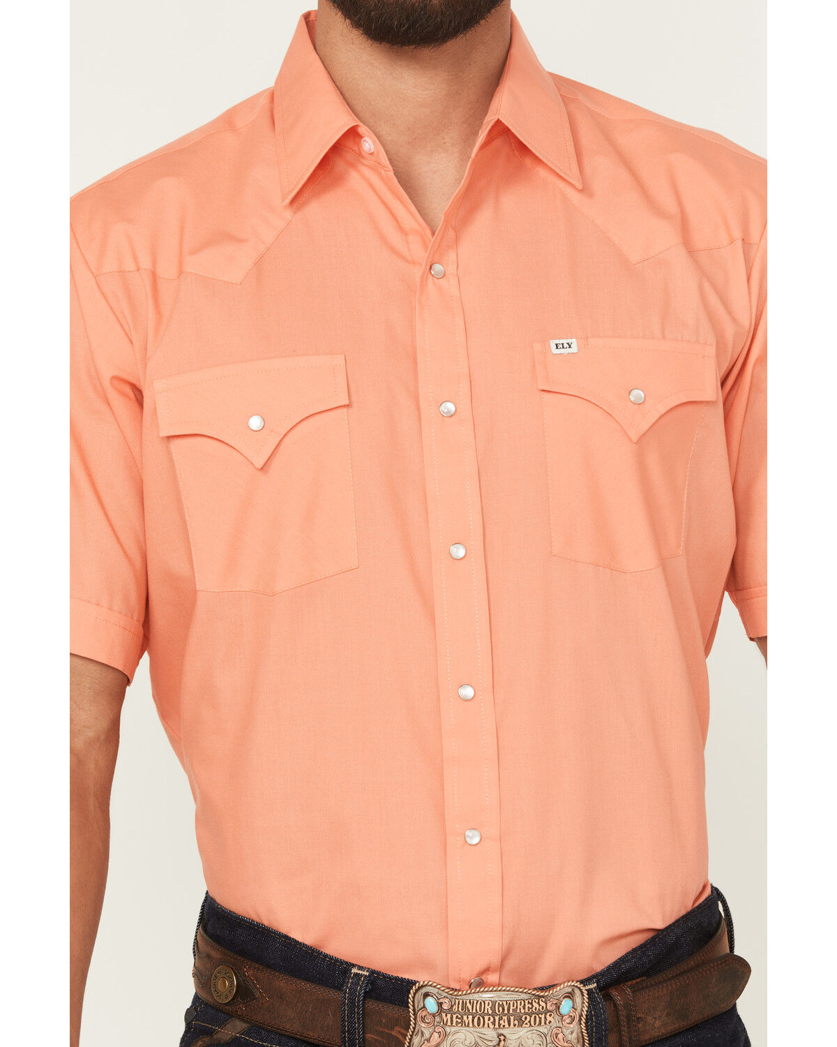 Image #3 - Ely Walker Men's Solid Short Sleeve Pearl Snap Western Shirt, Coral, hi-res