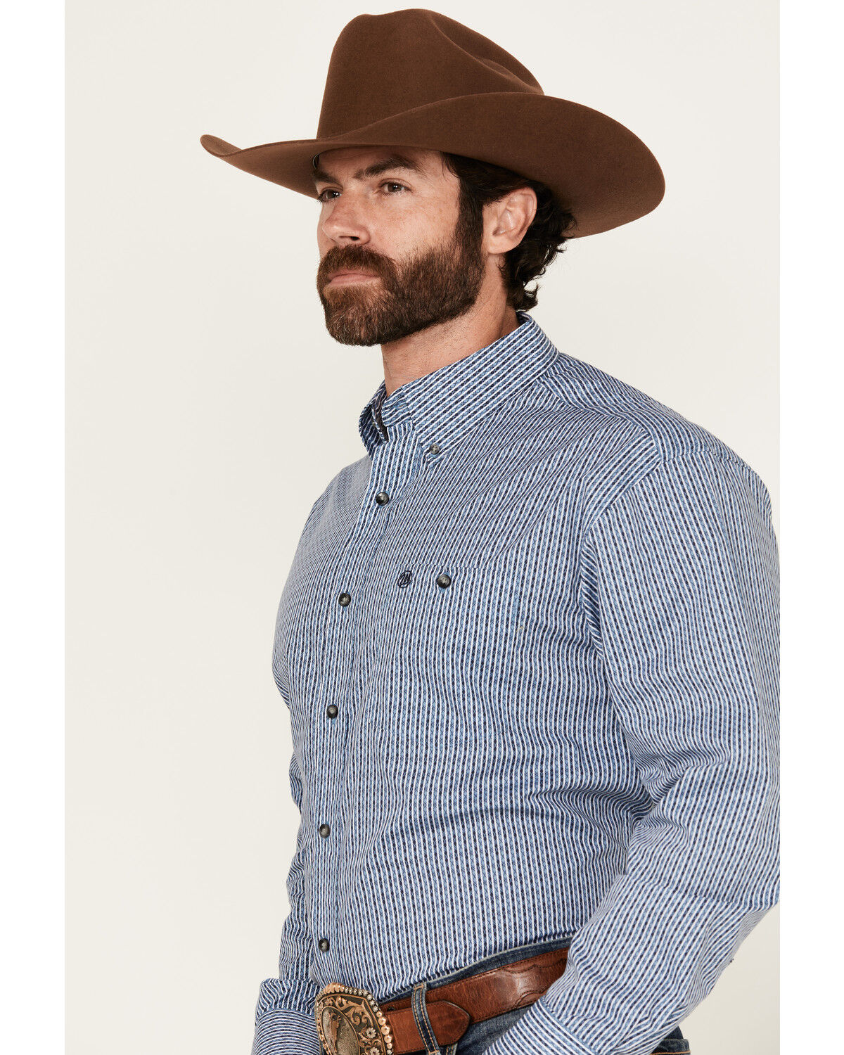 Image #2 - Wrangler Men's Striped Geo Print Long Sleeve Button-Down Western Shirt, Blue, hi-res