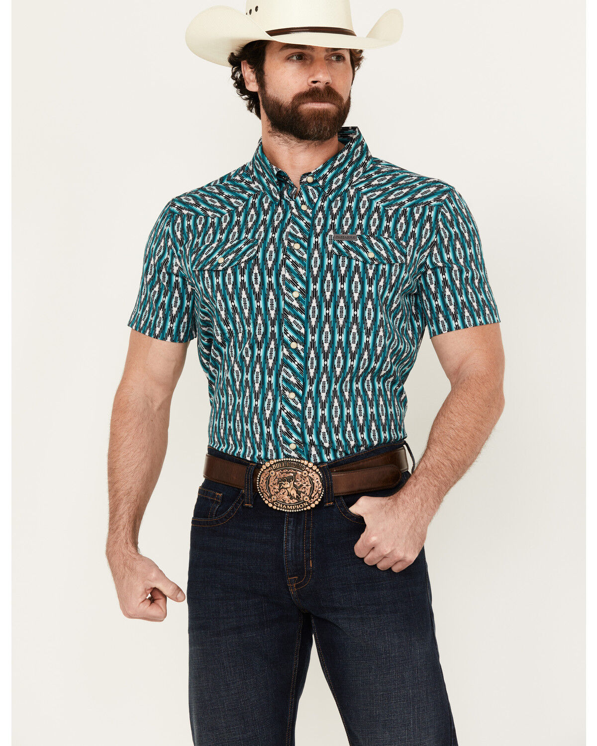 Image #1 - Panhandle Men's Southwestern Print Short Sleeve Snap Western Stretch Western Shirt, Turquoise, hi-res