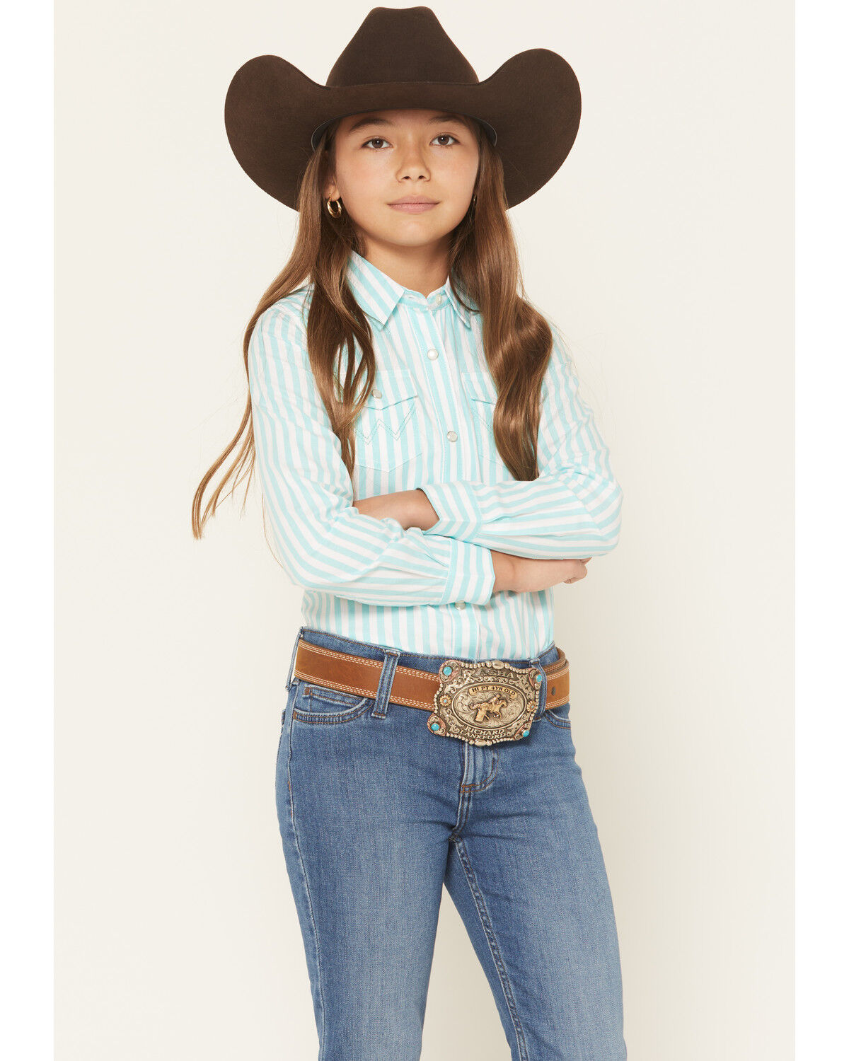 Image #1 - Wrangler Girls' Striped Long Sleeve Pearl Snap Western Shirt, Teal, hi-res
