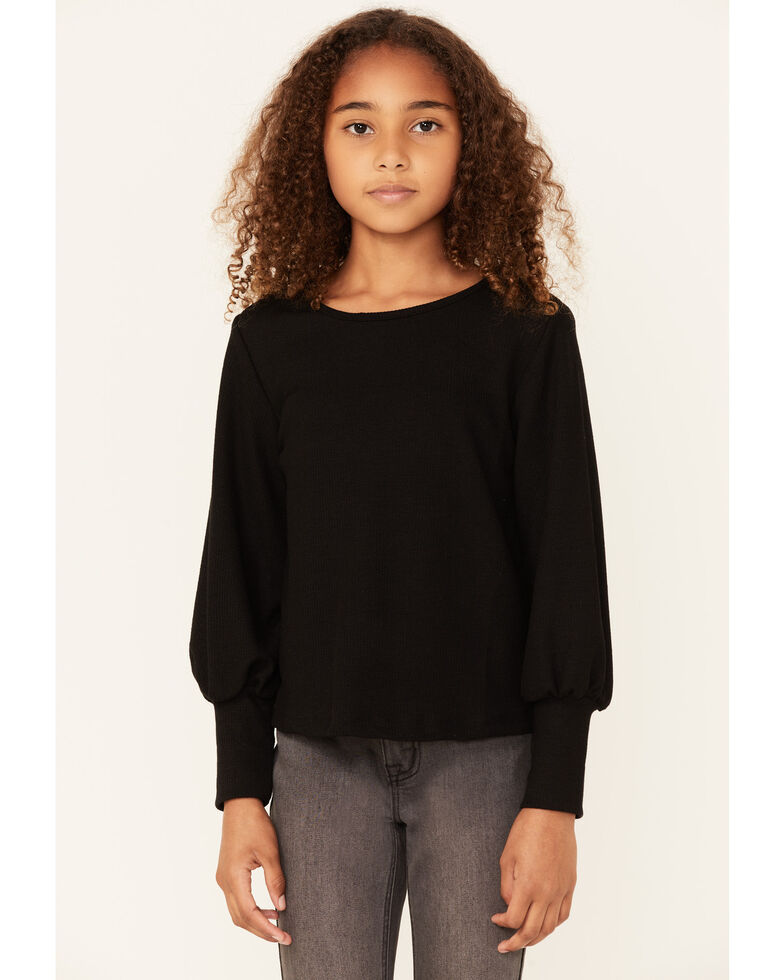 Hayden Girl's Pullover Puff Sleeve Sweater , Black, hi-res