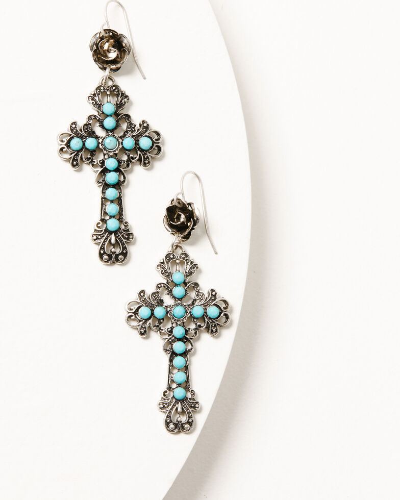 Shyanne Women's Silver Floral & Turquoise Beaded Cross Dangle Earrings, Silver, hi-res