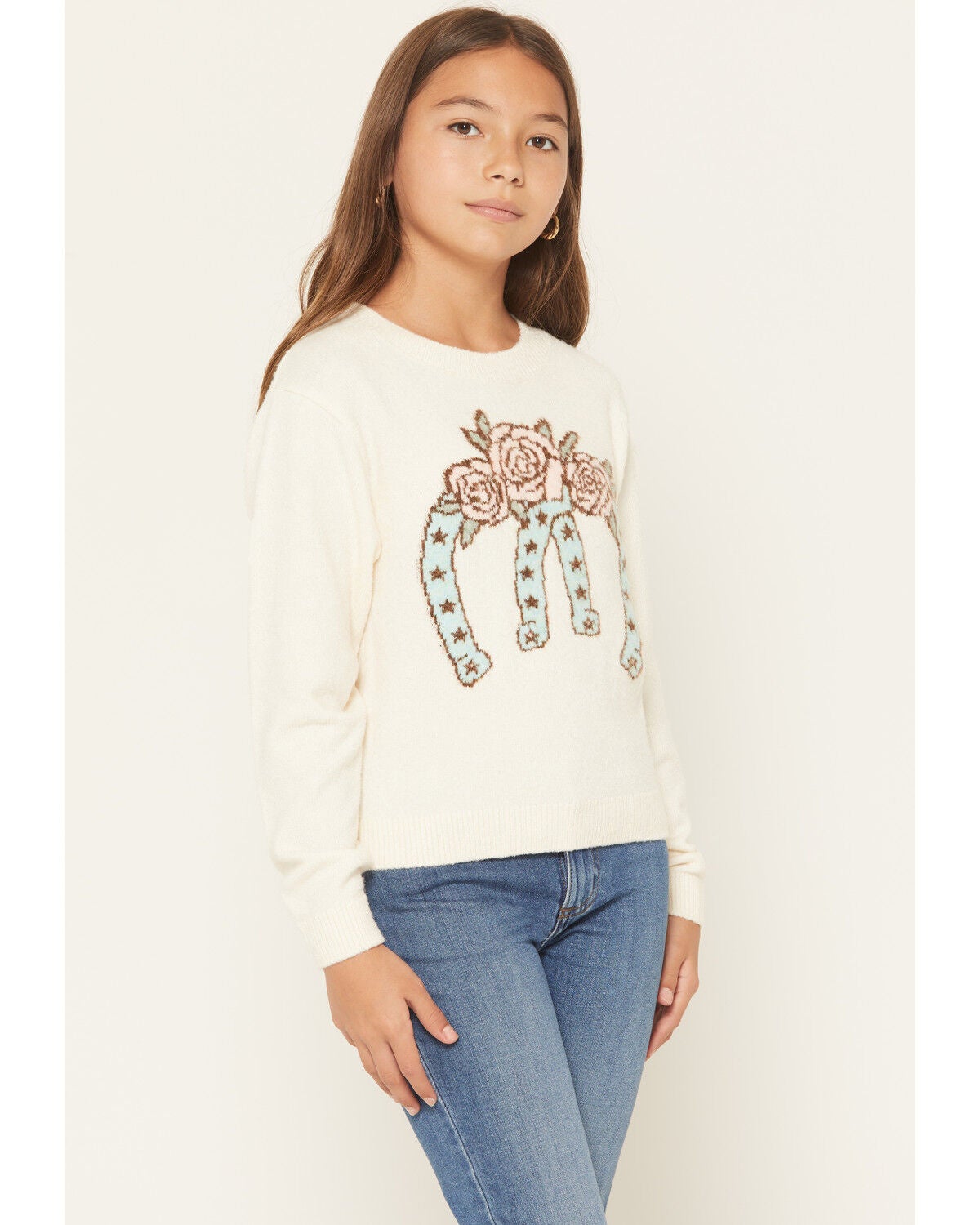Image #1 - Sugar California Girls' Floral Horseshoe Print Sweater, Cream, hi-res