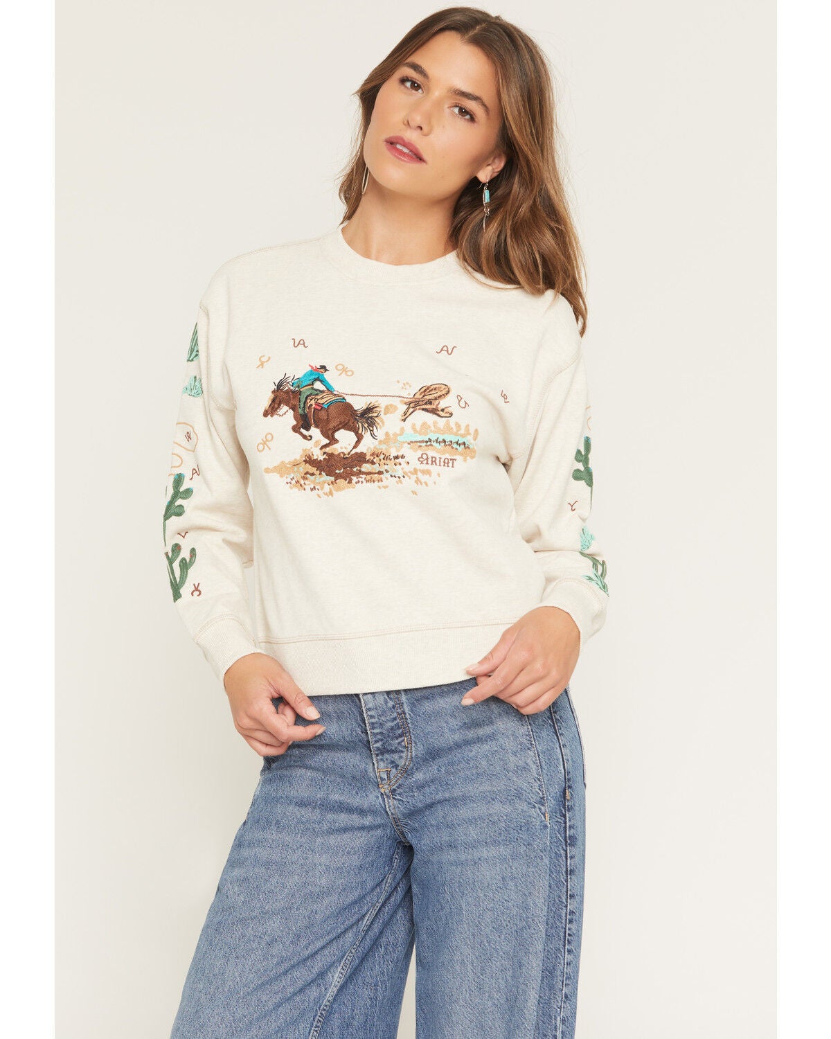 Ariat Women's Riata Embroidered Sweatshirt, Oatmeal, hi-res