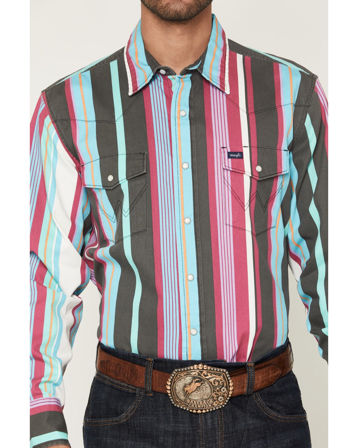 Image #3 - Wrangler Men's Brushpopper Denim Striped Long Sleeve Snap Western Shirt, Multi, hi-res