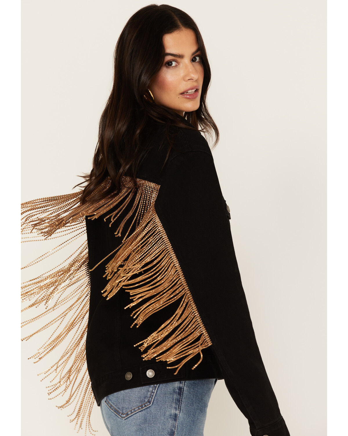 Image #2 - The Harley Jacket by DanielXDiamond: Women's Black Denim Jacket with Gold Fringe, Black, hi-res