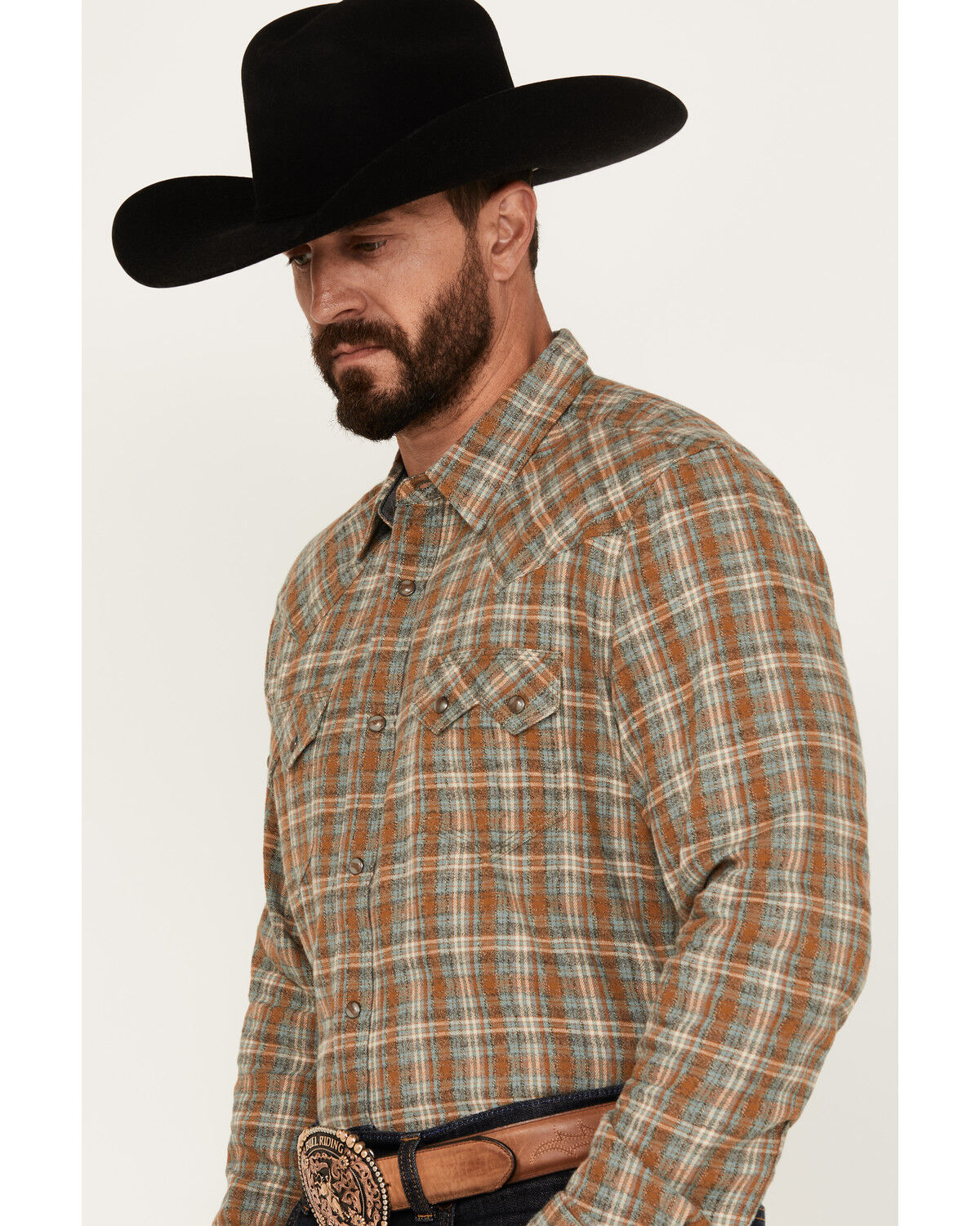 Image #2 - Moonshine Spirit Men's Hickory Plaid Print Long Sleeve Snap Flannel Shirt, Grey, hi-res