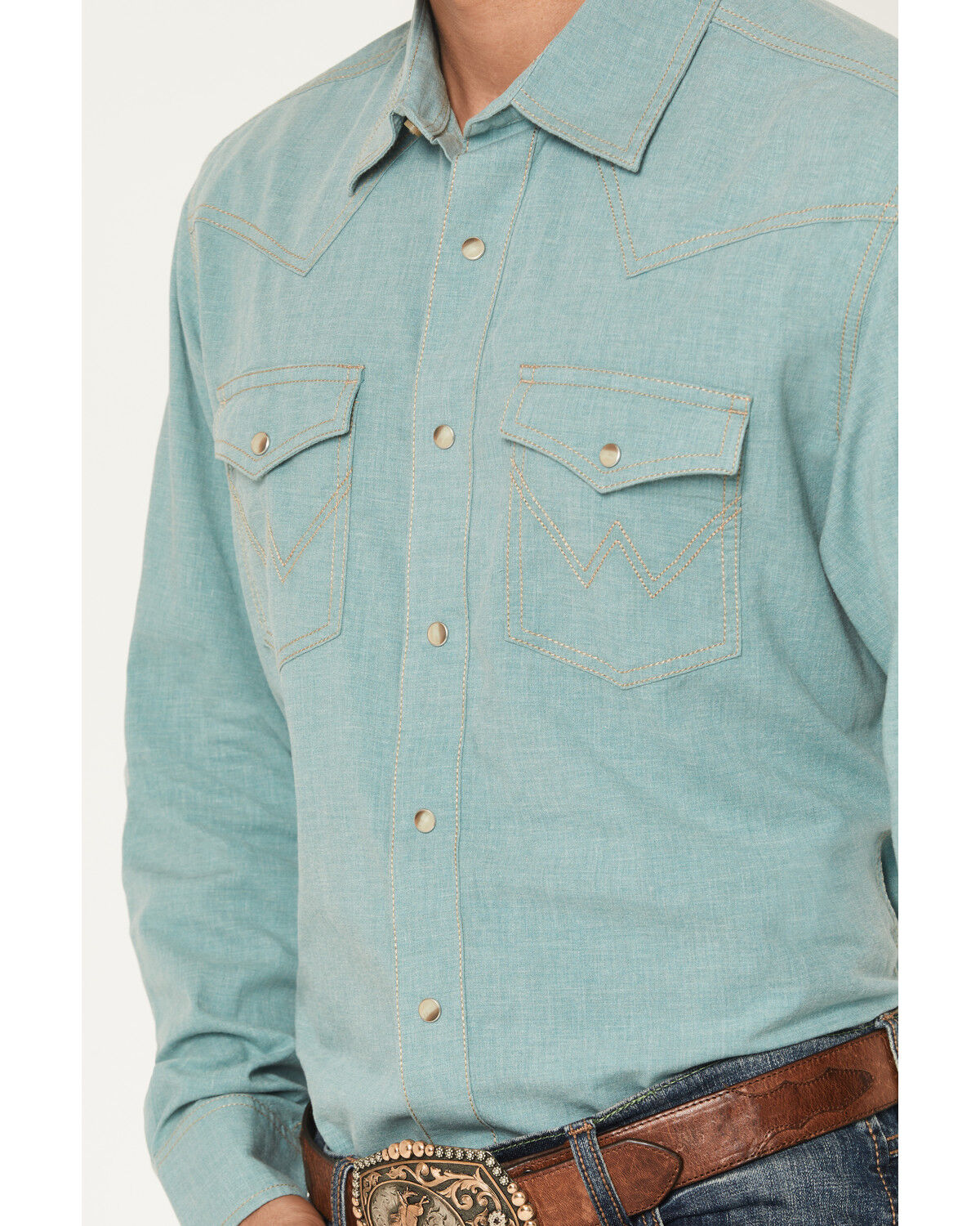 Image #3 - Wrangler Retro Men's Solid Long Sleeve Snap Western Shirt, Teal, hi-res