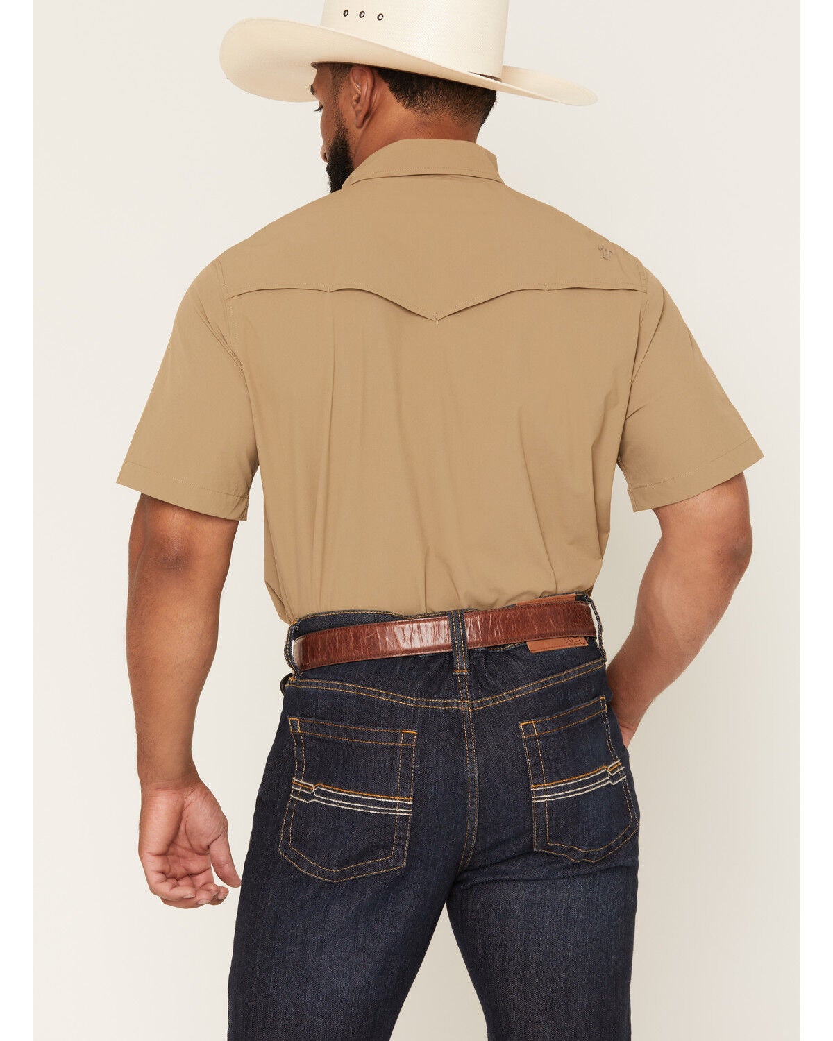 Image #4 - Ferrell Men's Tek Solid Short Sleeve Pearl Snap Stretch Performance Western Shirt, Khaki, hi-res