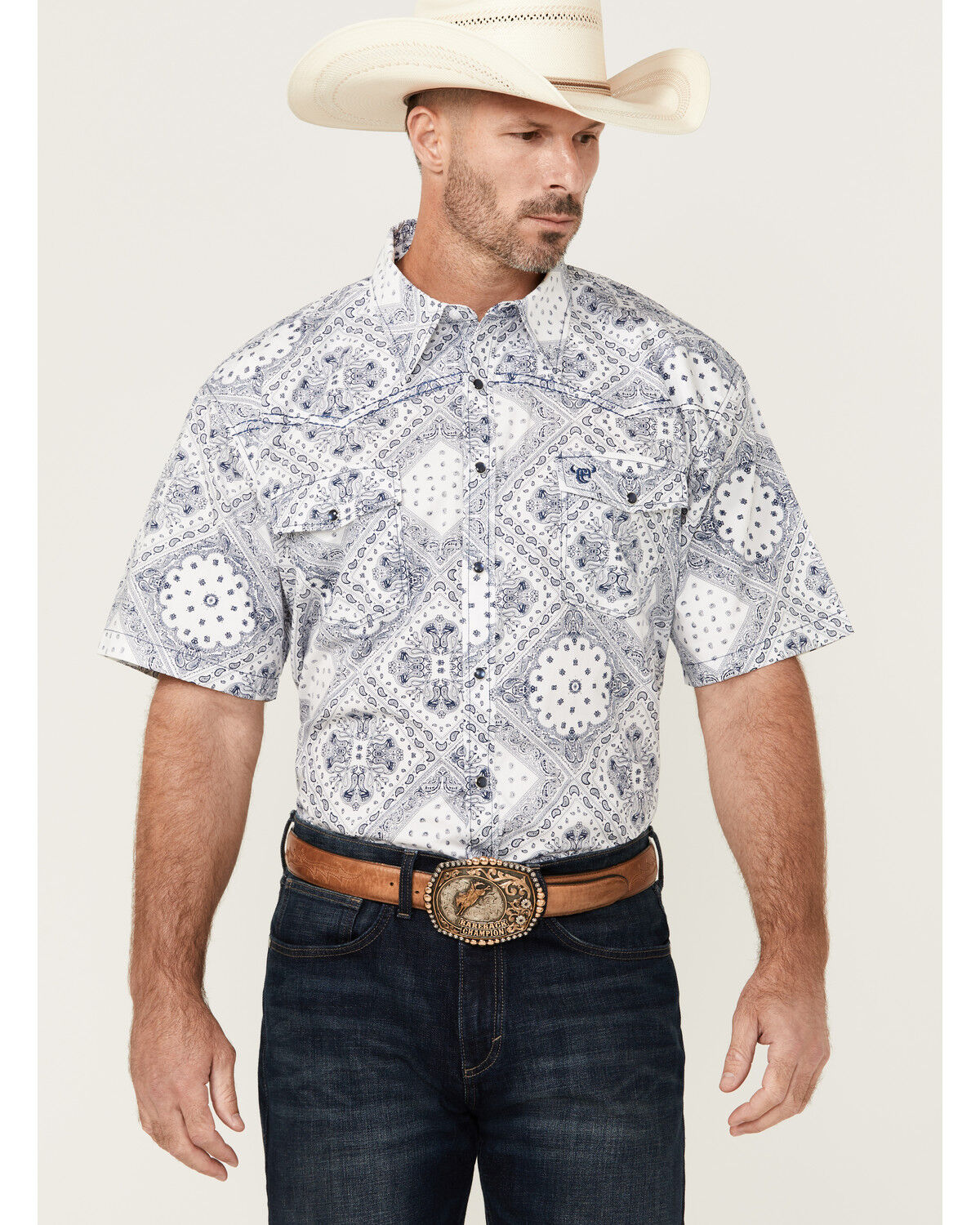 Image #1 - Cowboy Hardware Men's Boot Barn Exclusive Bandana Print Short Sleeve Snap Western Shirt, Navy, hi-res