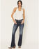 Image #3 - Miss Me Women's Medium Wash Mid Rise 32" Bootcut Fleur de Lis Pocket Stretch Denim Jeans, Dark Wash, hi-res