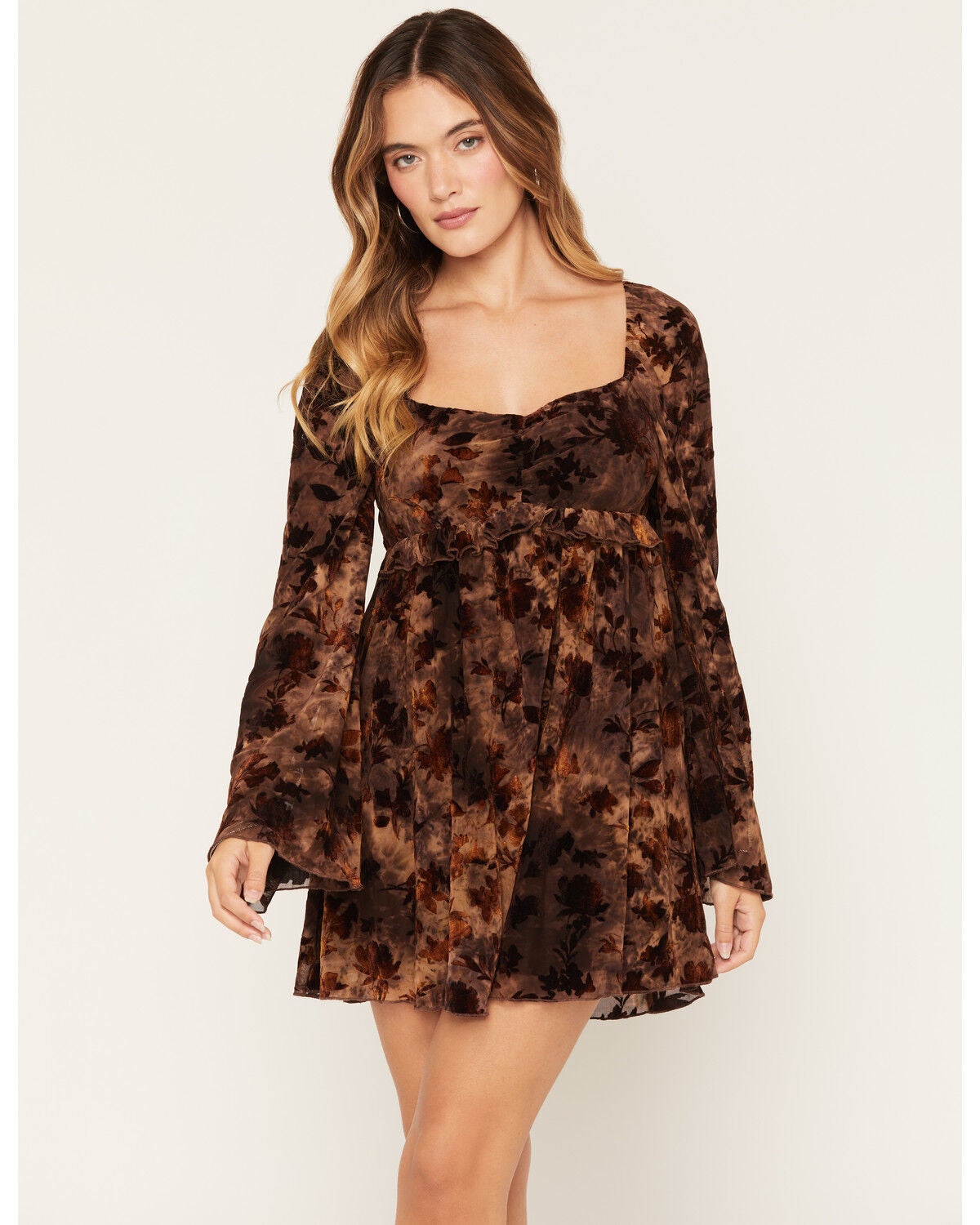 Image #1 - Cleo + Wolf Women's Floral Print Ruffle Long Sleeve Mini Dress, Brown, hi-res