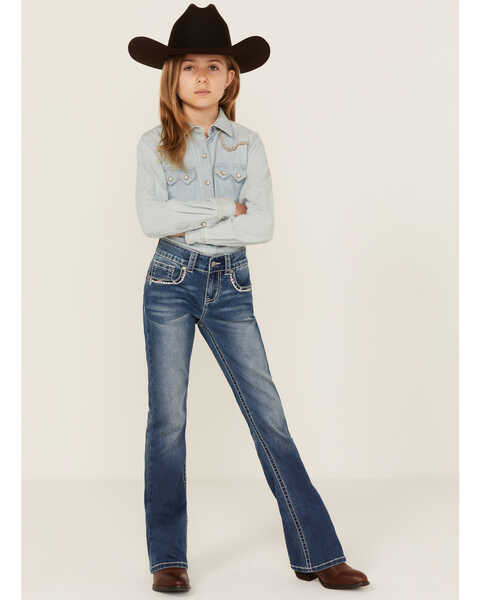 Image #1 - Shyanne Girls' Americana Horseshoe Pocket Stretch Bootcut Jeans , Blue, hi-res