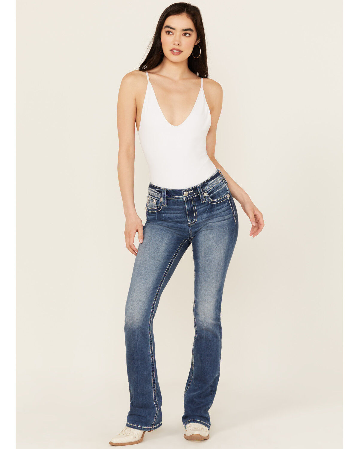 Image #3 - Miss Me Women's Dark Wash Mid Rise Faux Flap Pocket Bootcut Stretch Denim Jeans, Dark Wash, hi-res
