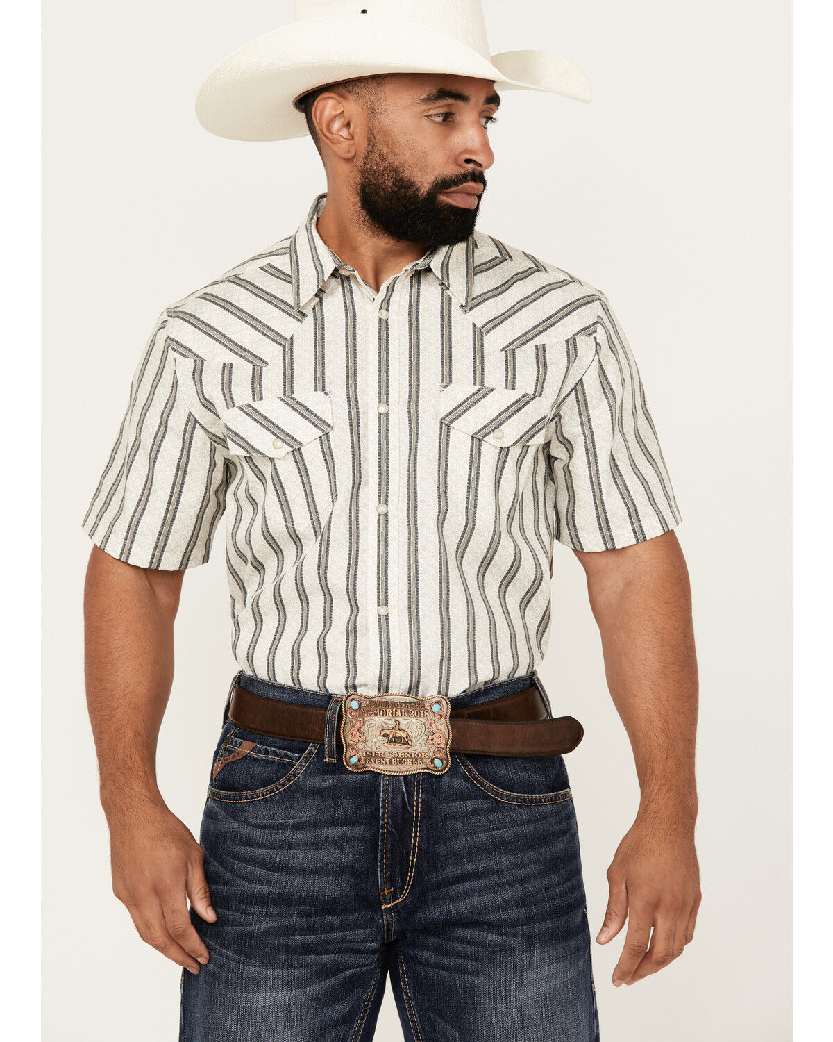 Image #1 - Gibson Trading Co Men's Side Swipe Vertical Striped Print Short Sleeve Snap Western Shirt, Ivory, hi-res