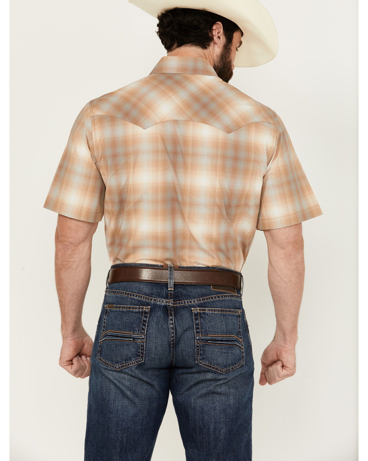 Image #4 - Wrangler Retro Men's Ombre Plaid Print Short Sleeve Snap Western Shirt, Tan, hi-res