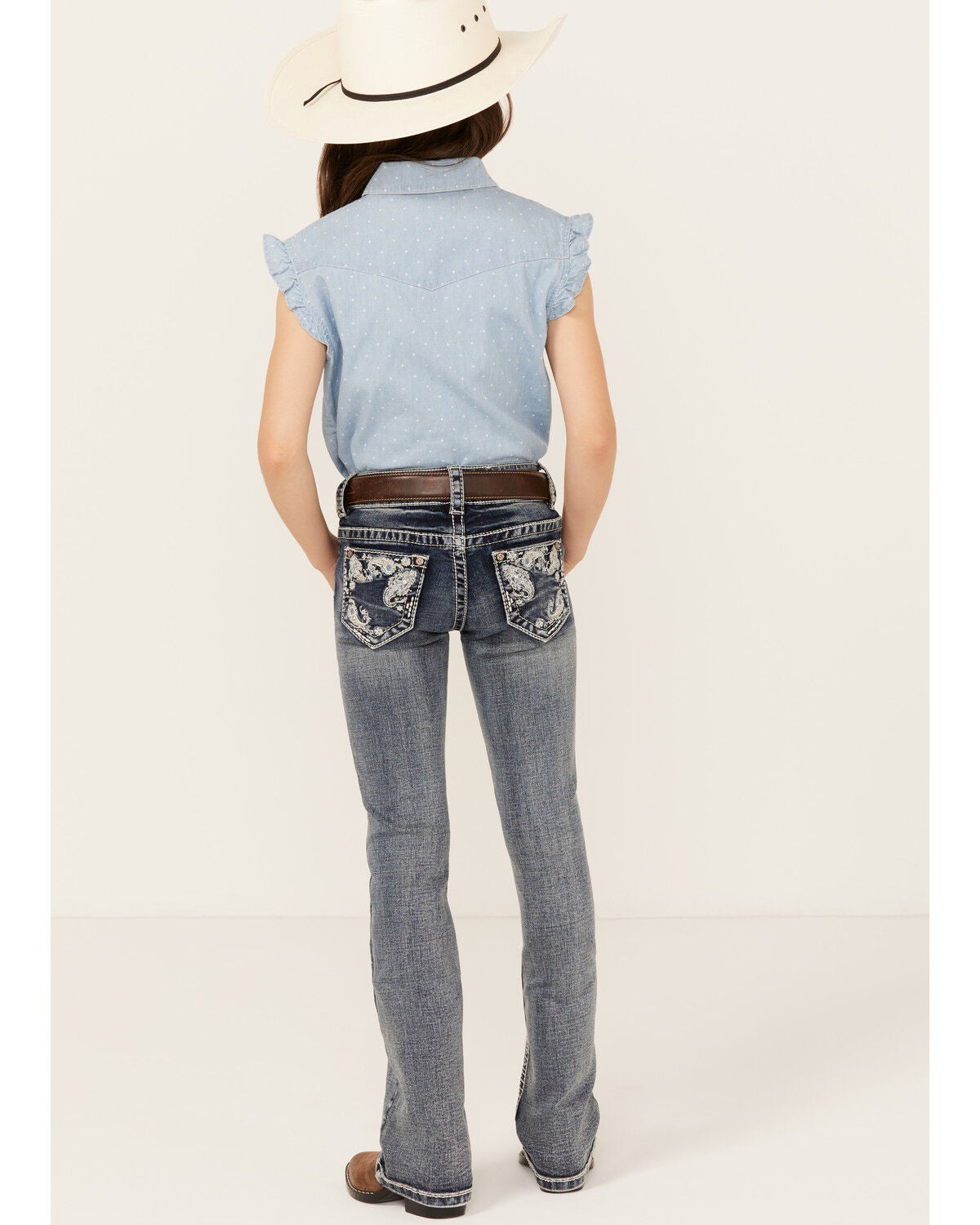 Shyanne Little Girls' Medium Wash Faded Paisley Pocket Stretch Bootcut Jeans, Blue, hi-res