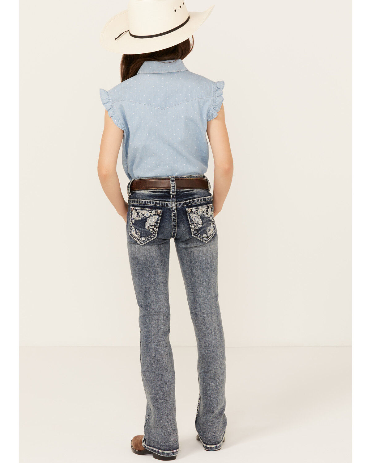 Image #1 - Shyanne Little Girls' Medium Wash Faded Paisley Pocket Stretch Bootcut Jeans, Blue, hi-res