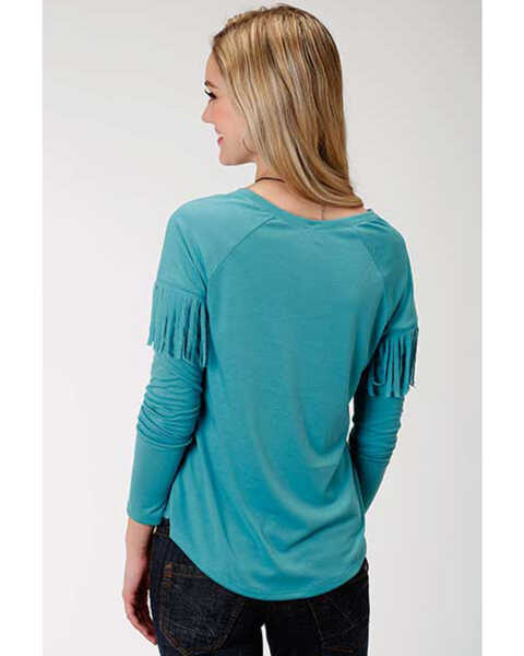 Image #2 - Roper Women's Solid Blue Feather Graphic Long Sleeve Top, Blue, hi-res