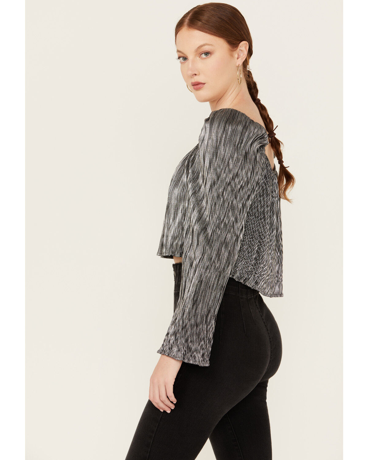 Image #2 - Jen's Pirate Booty Women's Jade Long Sleeve Metallic Pleated Top, Silver, hi-res